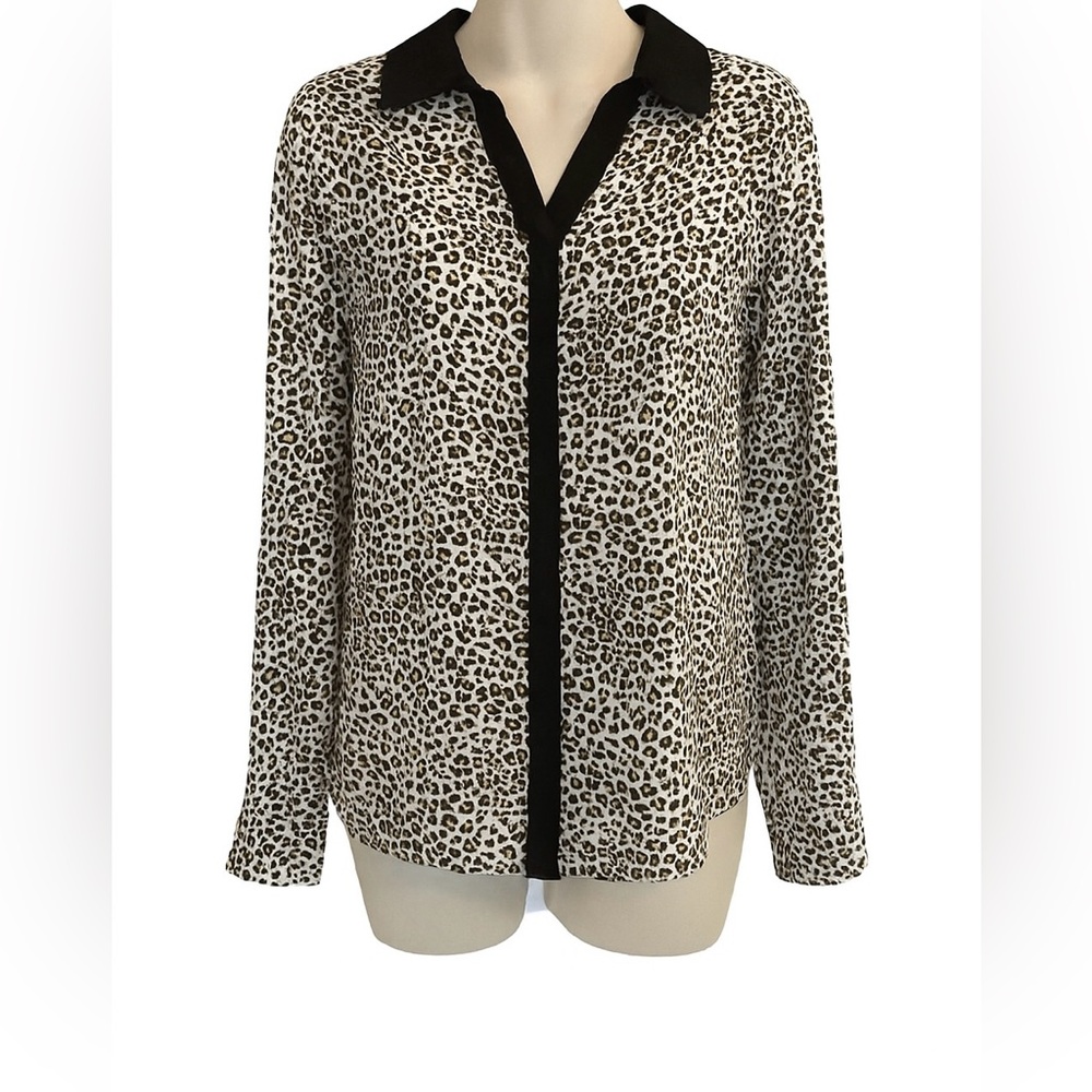 Chico’s Leopard Print Button Down Shirt 2 M/L Animal Print Black Trim No Iron